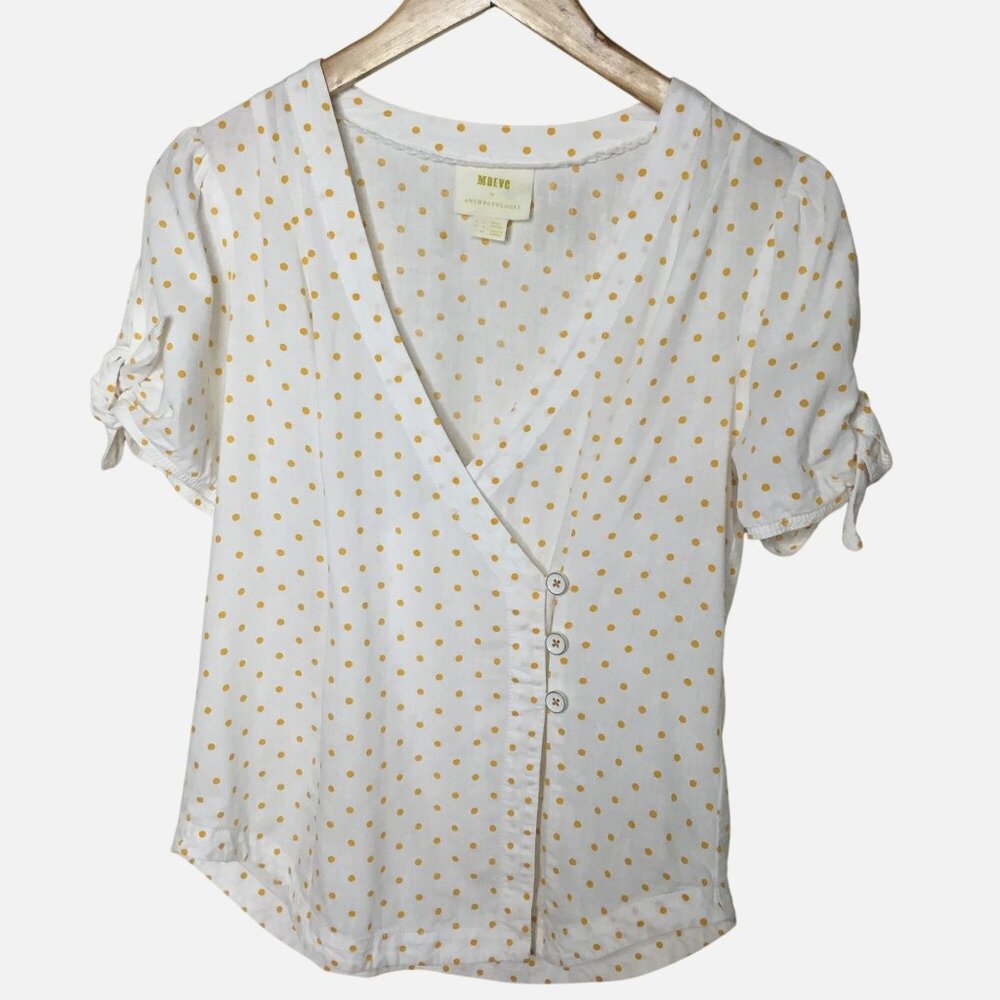 MAEVE Anthropologie Louise Sz 2 Polka Dot Wrap Blouse White Yellow Short Sleeve